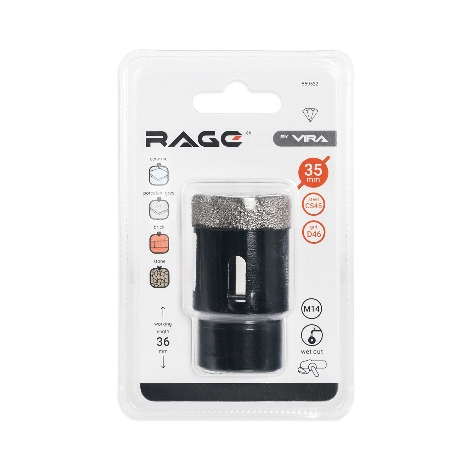 Коронка алмазная для УШМ по керамограниту по керамике 35 мм Rage 559522