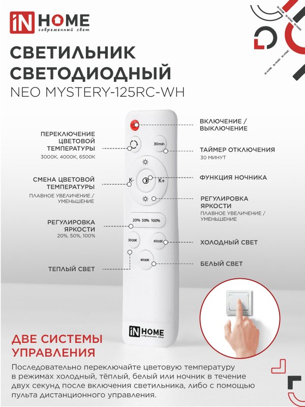 Светильник светодиодный NEO MYSTERY-125RC-WH 125Вт 230В 3000-6500K 6000Лм 460x67мм с пультом ДУ белый IN HOME 4690612060941