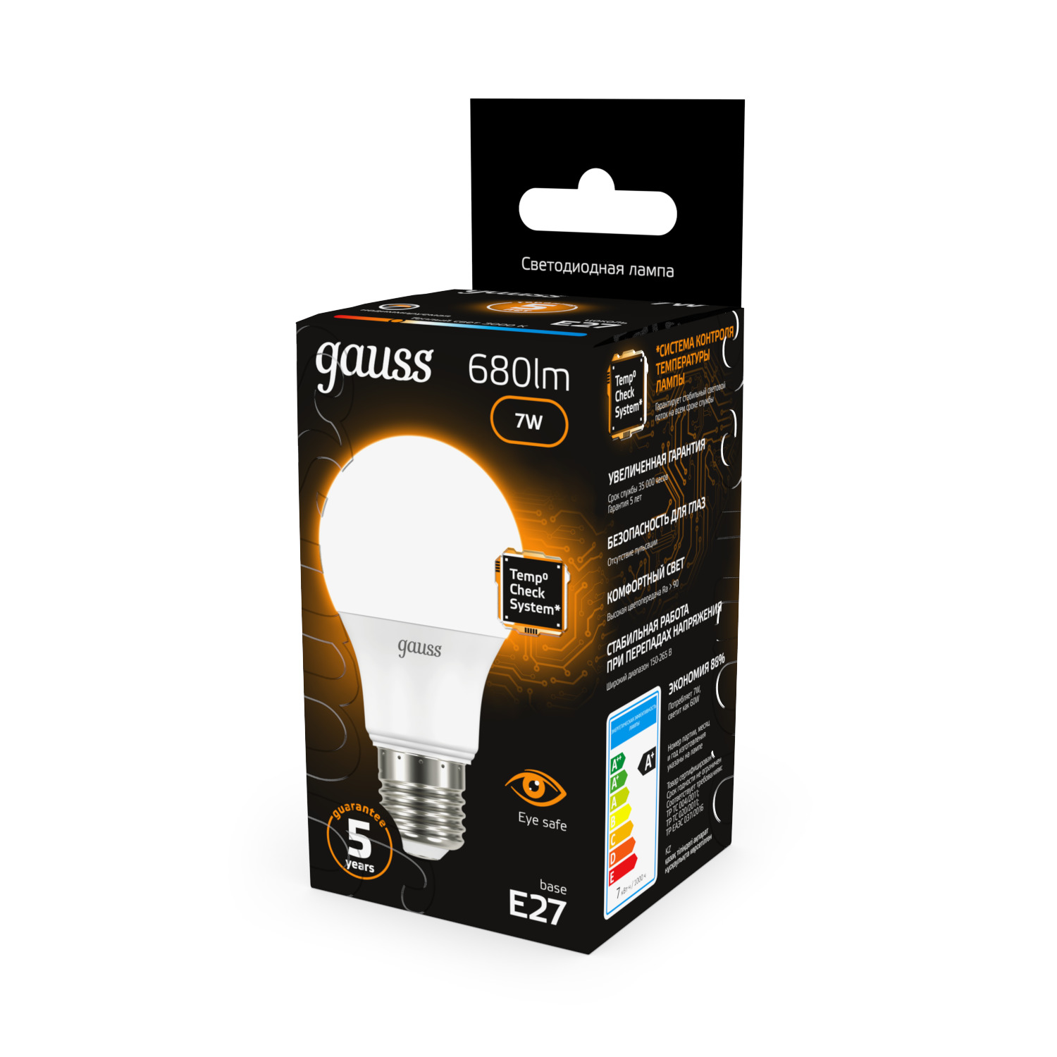 Лампа светодиодная LED 7 Вт 680 лм 3000К А60 груша теплый E27 AC 220В Black GAUSS 102502107