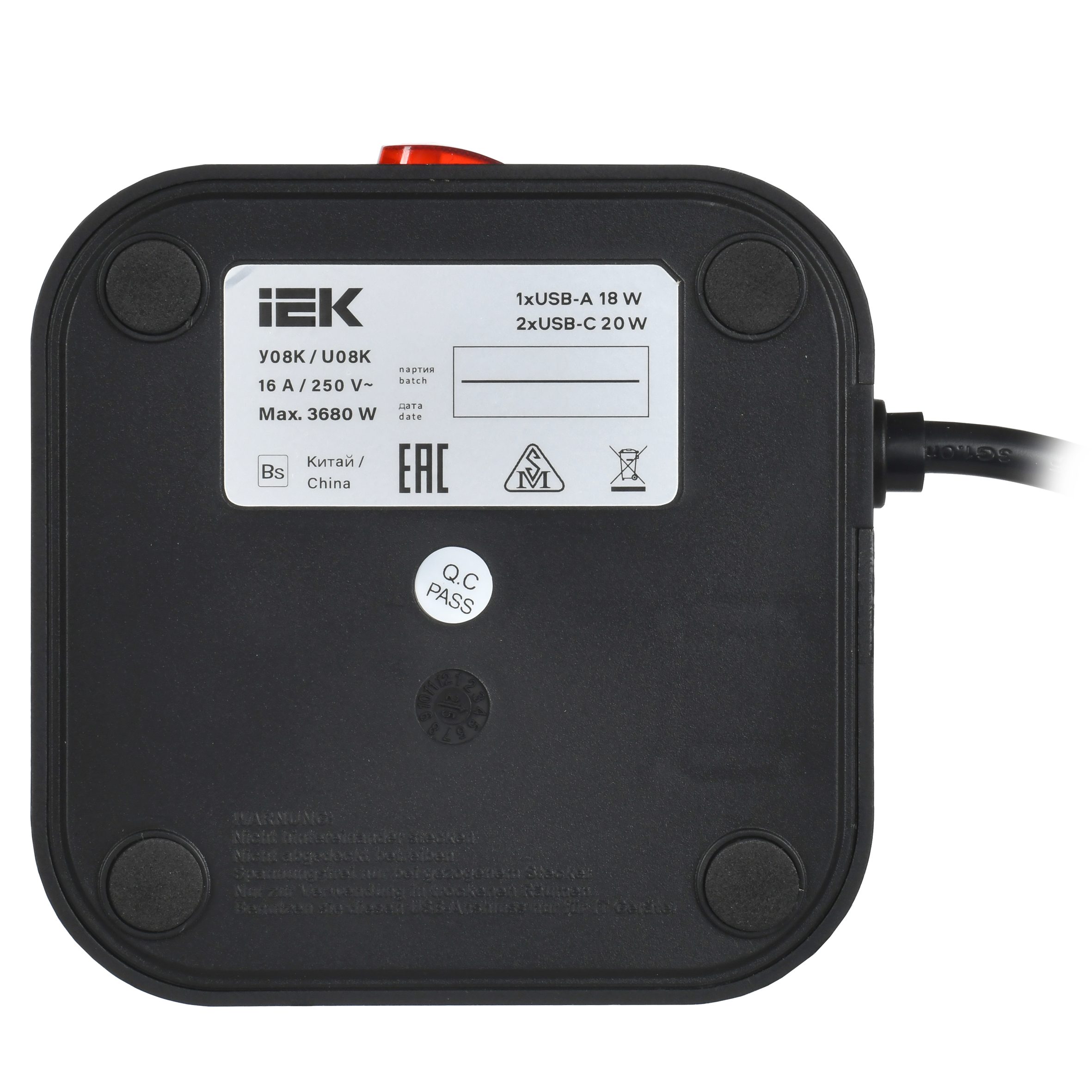 DOMINIC Удлинитель У08K 8 мест 2P+PE 1,5м 3х1,0мм2 16А/250В USB A+C 20Вт черный IEK DN-YP30-16-08-01-ZKU-K02