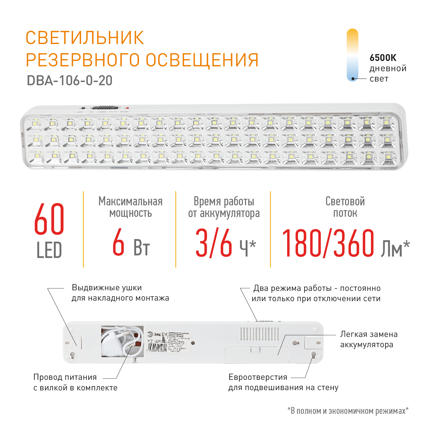 Светильник светодиодный аварийный постоянный DBA-106-0-20 60LED 6ч IP20 (24/864) ЭРА Б0044399