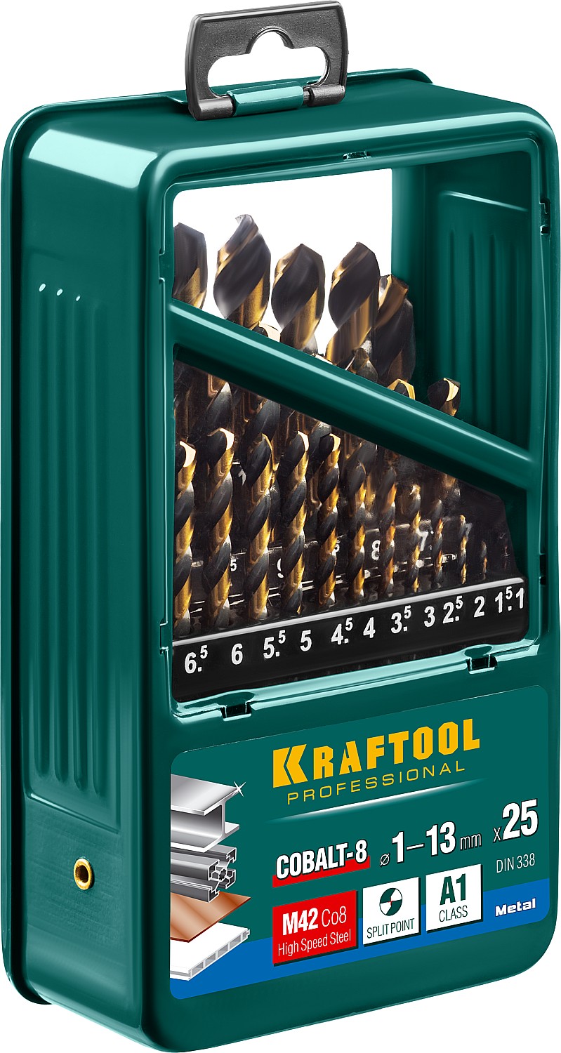 Набор сверл по металлу COBALT 25шт(1-13мм), HSS-Co(8%) , сталь М42(S2-10-1-8) KRAFTOOL 29656-H25