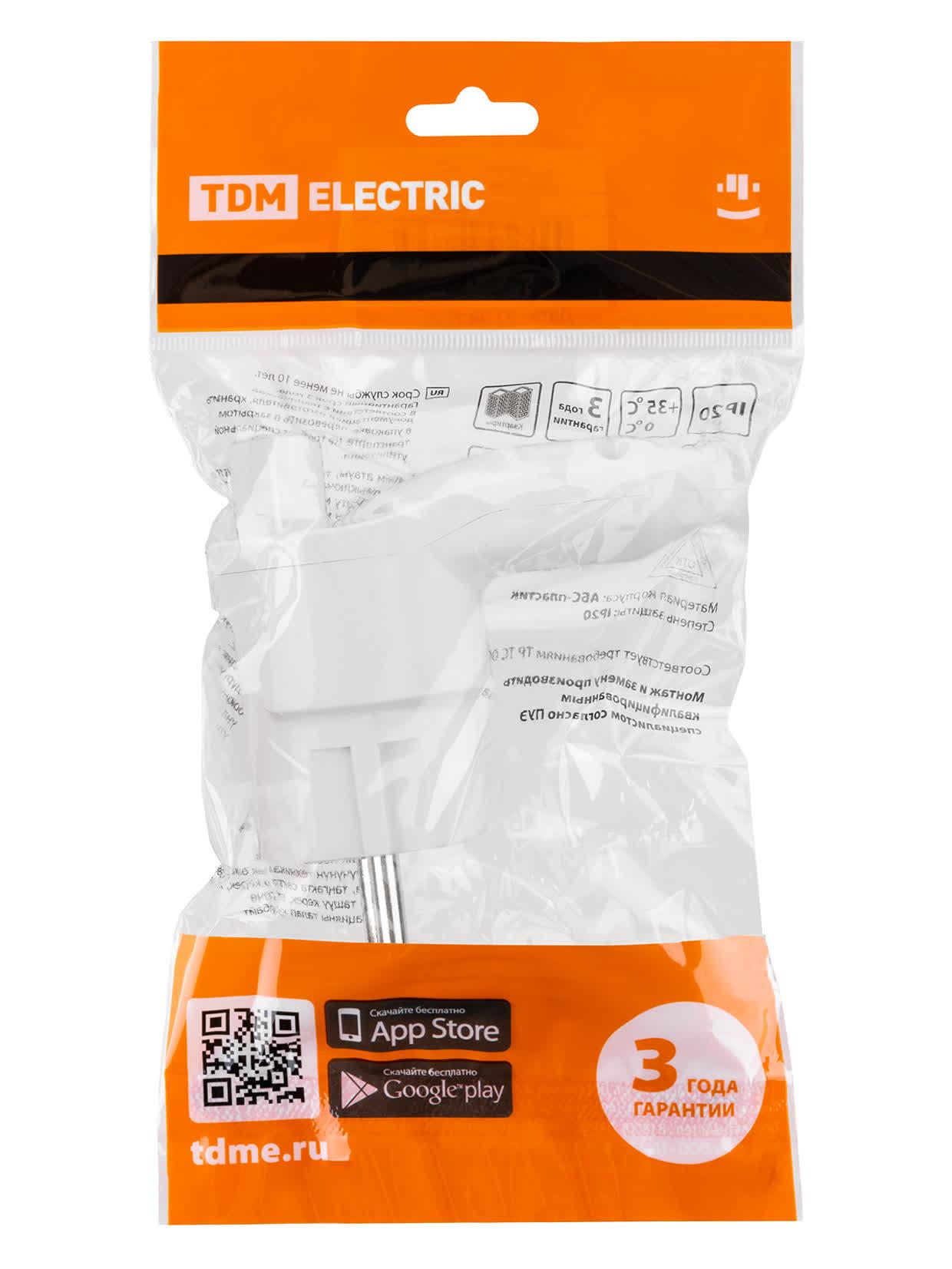Вилка угловая c/з белая с кнопкой извлечения из сети 16А 250В TDM TDM ELECTRIC SQ1806-0398