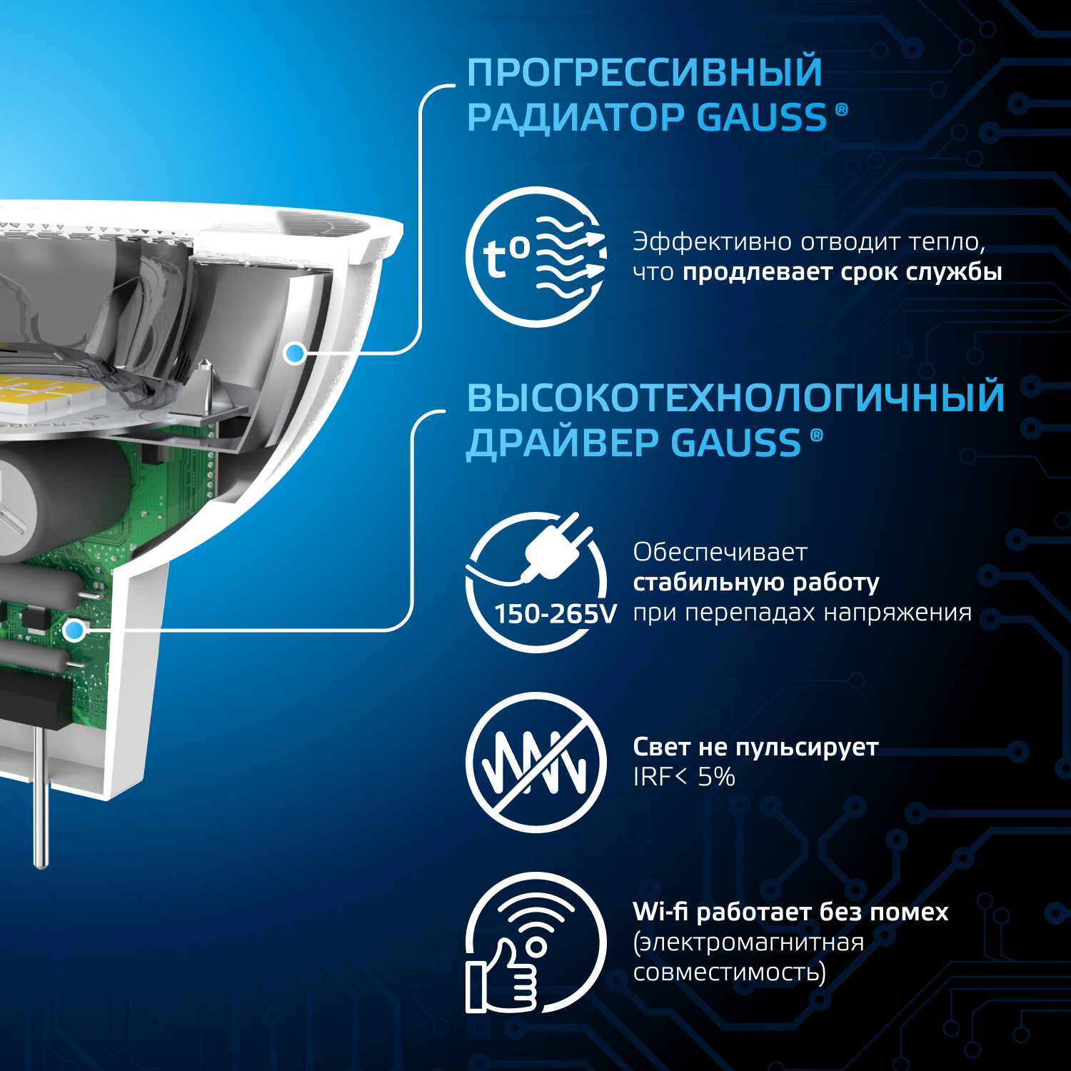 Лампа светодиодная LED 5 Вт 530 лм 6500К софит MR16 холодный GU5.3 AC 220В Black Gauss GAUSS 101505305