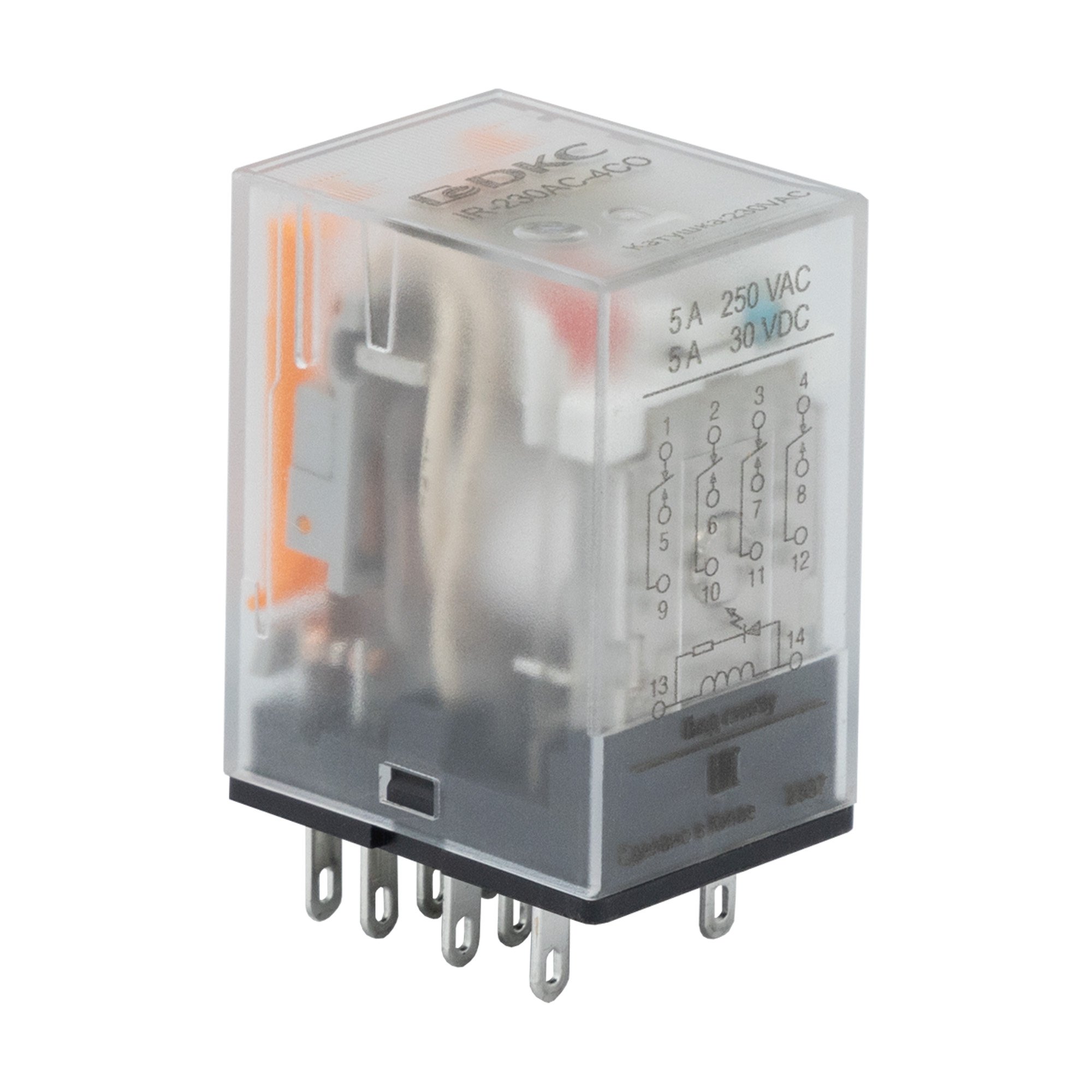 Реле миниатюрное промышленное общего назначения, 4CO, ком. ток 5А, AgSnO2, напряжение 230V AC, опция: светодиод DKC IR-230AC-4CO