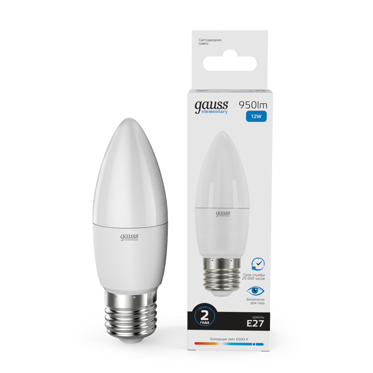 Лампа светодиодная LED 12 Вт 950 лм 6500К свеча холодный E27 AC 220В Elementary Gauss GAUSS 30232