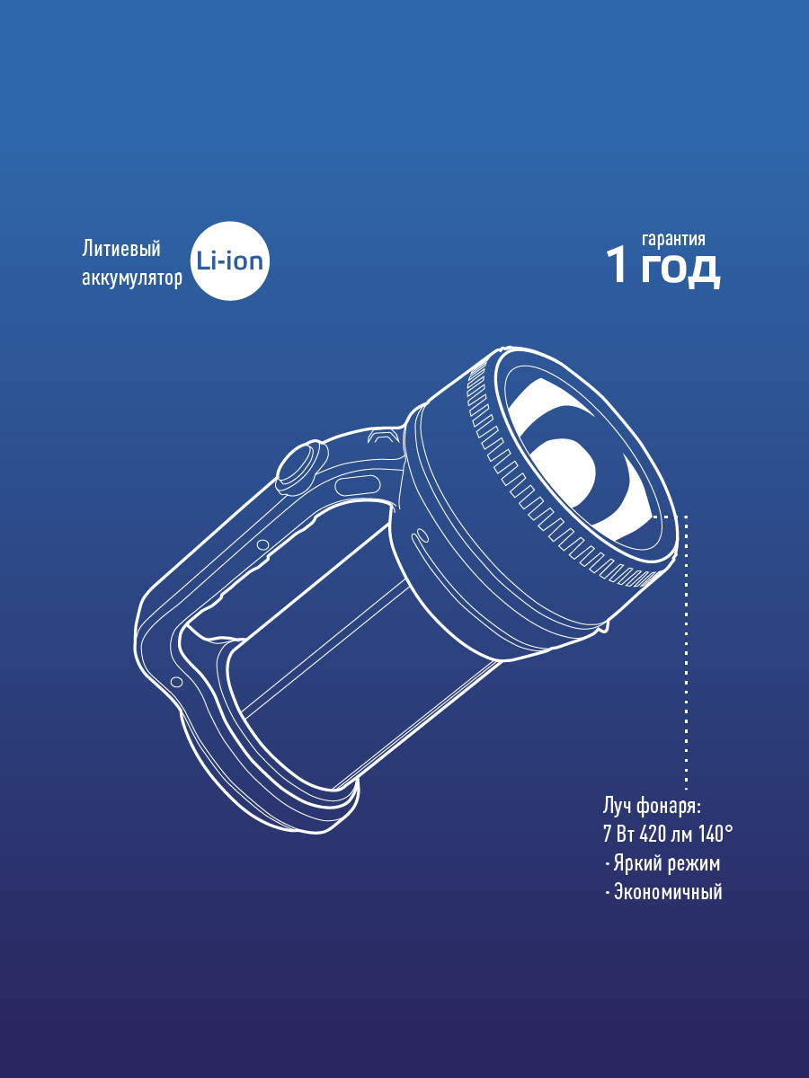 Фонарь-прожектор аккумуляторный, 7W LED, аккум. 3,7V 3,6 ah, 420Лм - 6 часов, 125м - 24 часа Космос KocAccu367W