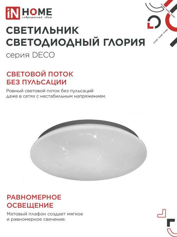 Светильник светодиодный серии DECO ГЛОРИЯ 36Вт 230В 6500К 3240Лм 380х55мм IN HOME 4690612025117