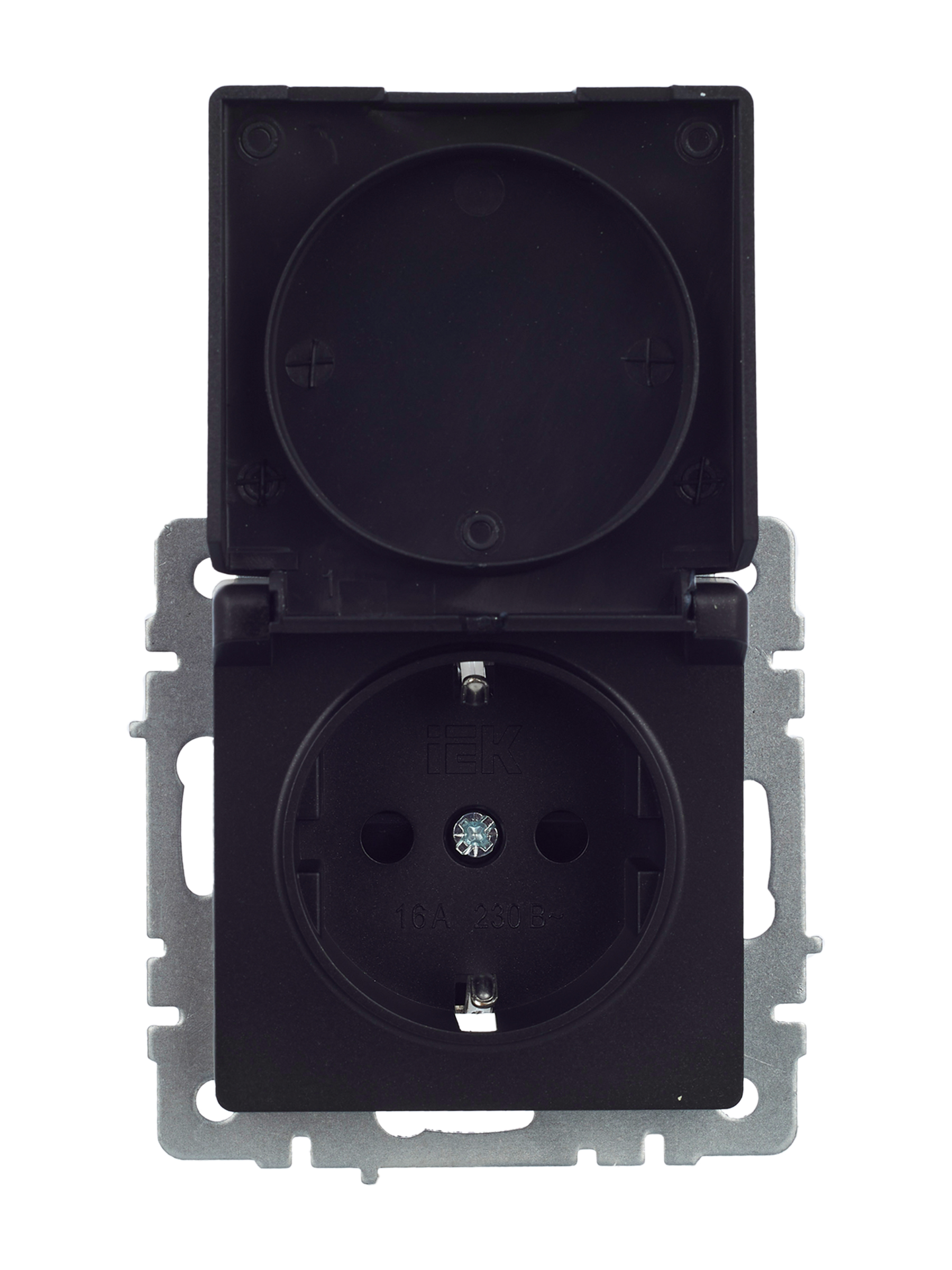 BRITE Розетка с заземлением с защитными шторками и крышкой 16А IP44 РСбш10-3-44-БрЧ черный IEK BR-R16-16-44-K02
