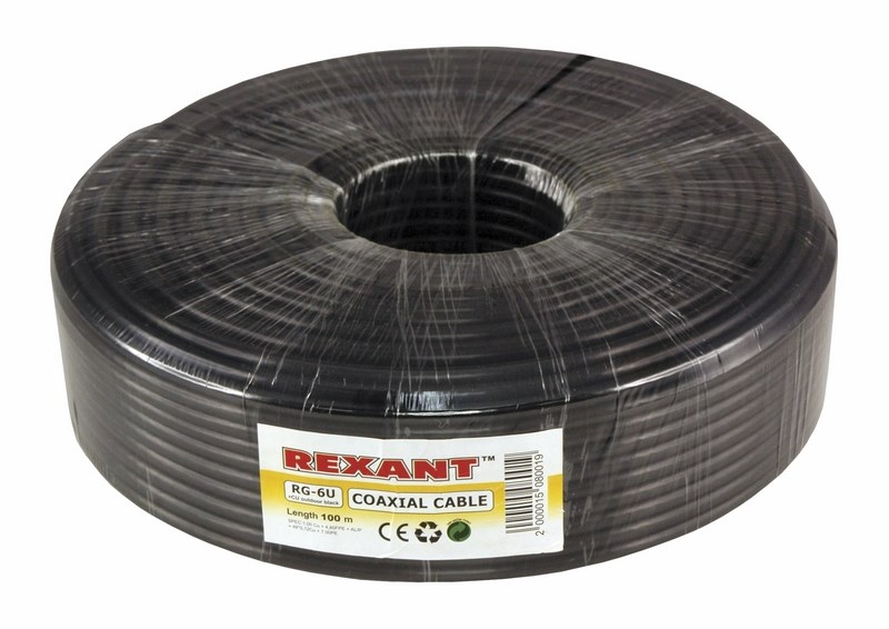Кабель коаксиальный RG-6U+Cu, 75 Ом, Cu/Al/Cu, 64%, бухта 100 м, черный OUTDOOR, REXANT 01-2222