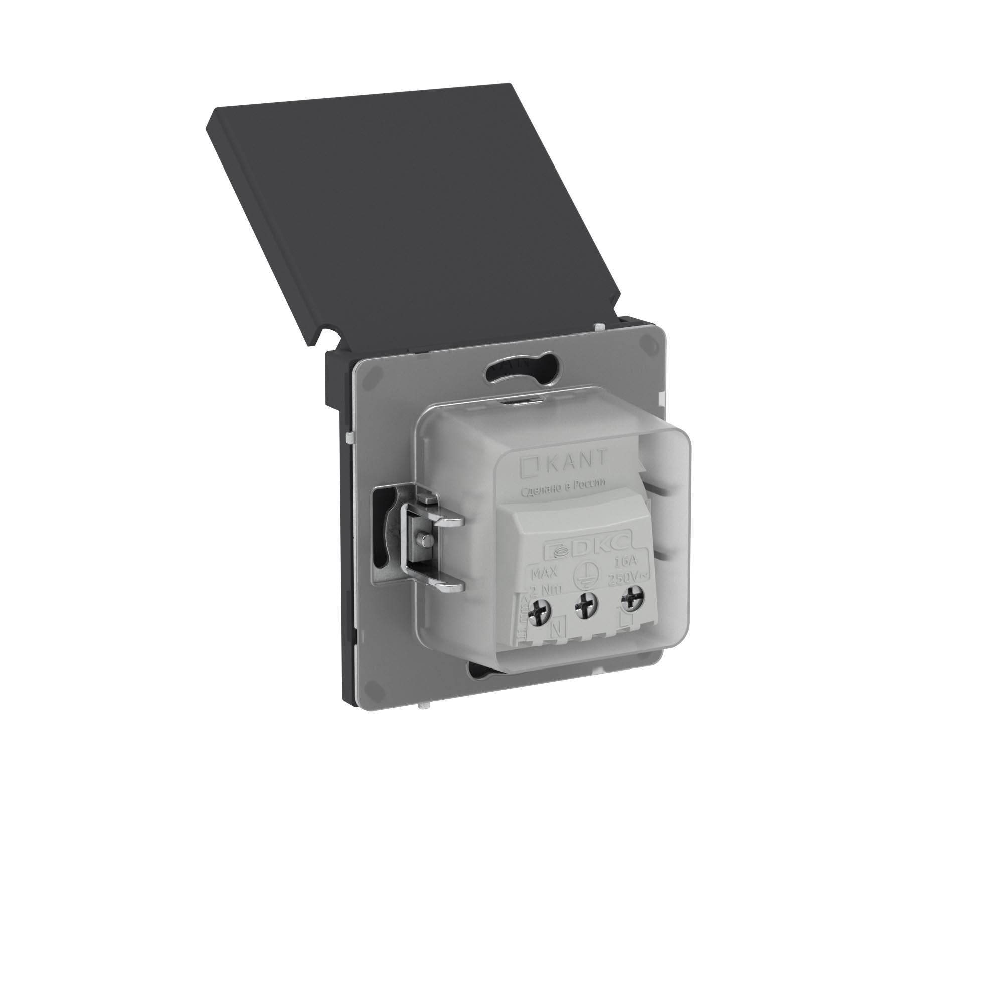 Розетка силовая, 2P+E, с з/ш, с крышкой, IP44, KANT, черный уголь DKC 7012013