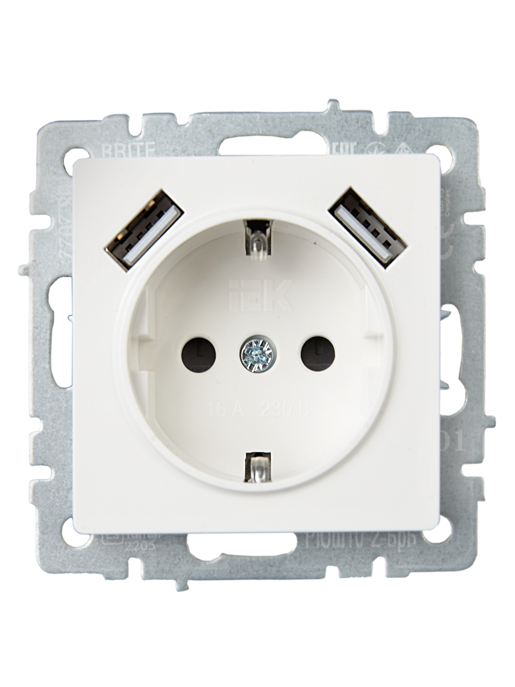 BRITE Розетка 1 пост с заземлением с защитными шторками 16А с USB A+A 5В 3,1А РЮш10-2-БрБ белый IEK BR-R14-16-U21-D31-K01