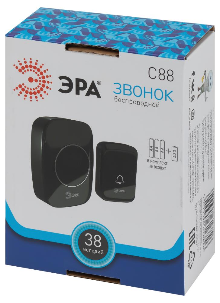 Звонок дверной беспроводной на батарейках 38 мелодий 180м IP20 с регулятором громкости и световой индикацией черный 3АА/А23 C88 ЭРА Б0054087