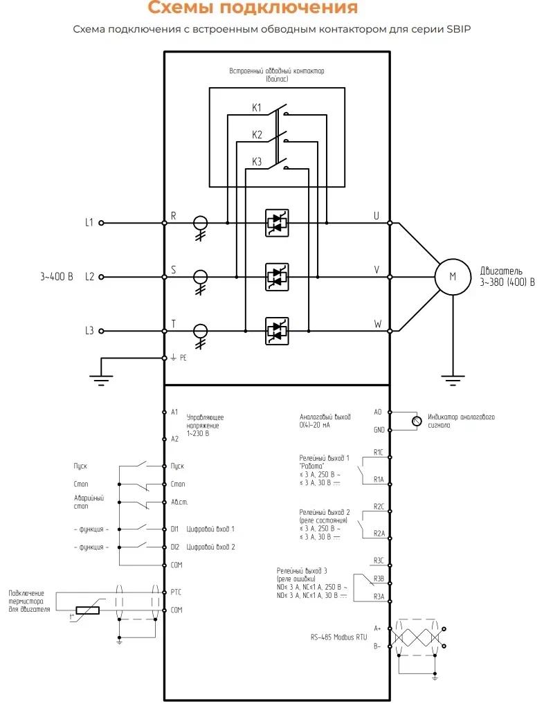 Устройство плавного пуска 18,5квт|37A| (SBIP-18.5/37-04), 3 ~ 342-440В, IP00, Modbus RTU, сьемная панель, рускоязычное меню, встроенный обводной контактор Instart 00047100