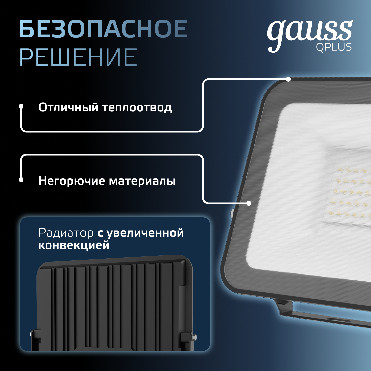 Прожектор светодиодный ДО 50 Вт 6500К 6000 лм 175-265В IP65 150х28х185мм Алюминий матрированное закаленное стекло Qplus Gauss GAUSS 613511350