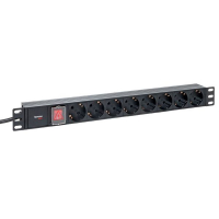Блок розеток PDU TERACOM PRO 19'' 1U 16А/250В 8 розеток Schuko с выключателем шнур питания длиной 2 метра сечение 3x1.5 мм2 вилка Schuko корпус пластик черный EKF TRP-HPD-LSP-16A-8SH-2MSH