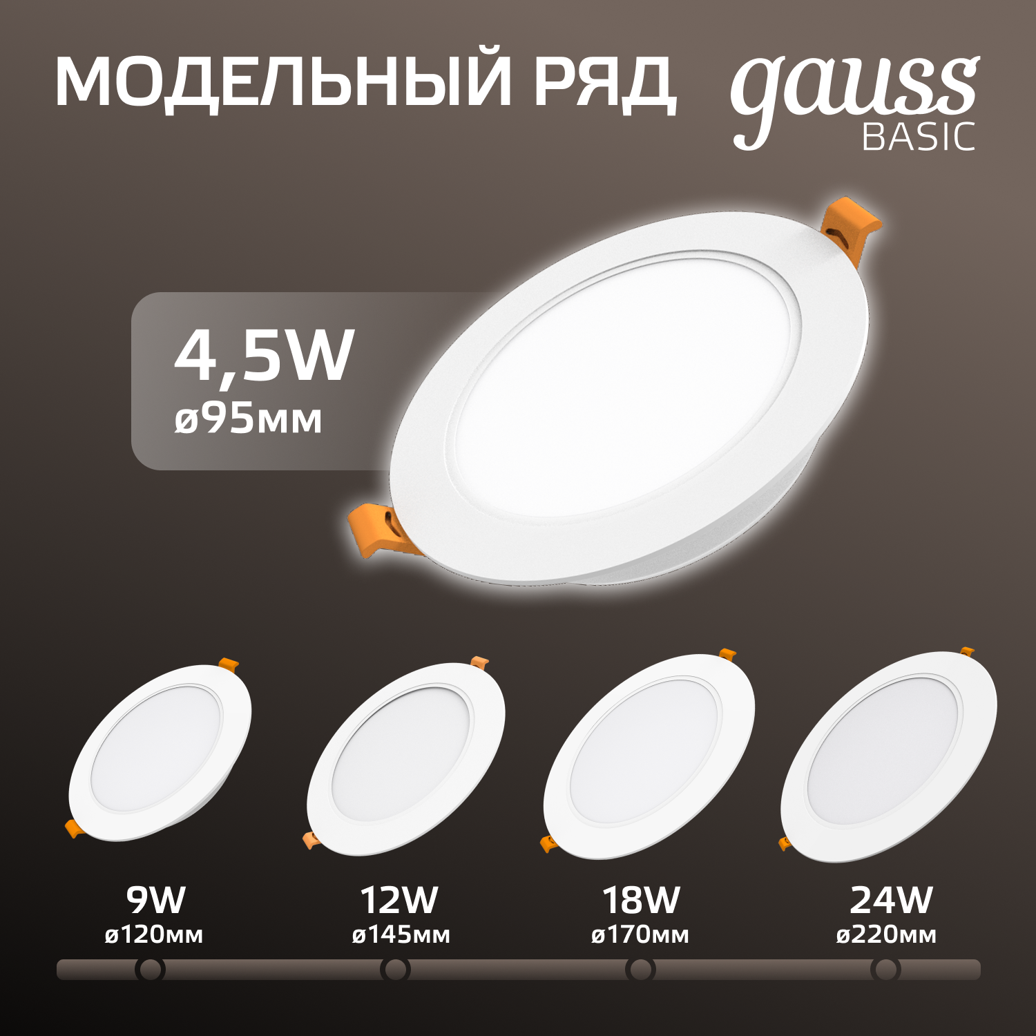 Светильник светодиодный ДВО 4.5 Вт 300 лм 4000К AC 220В IP20 круг D95х26мм монт d75мм Пластик Basic GAUSS 9029420205