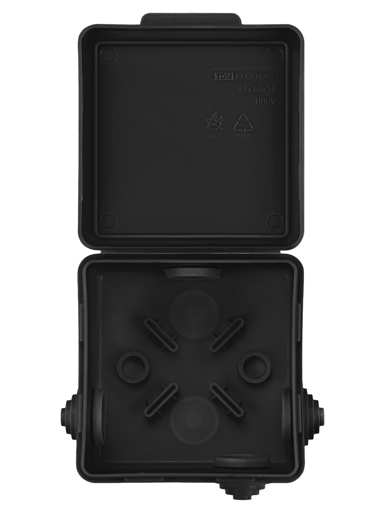 Распаячная коробка ОП 80х80х50мм крышка IP54 7вх. черная инд. штрихкод TDM TDM ELECTRIC SQ1401-0912
