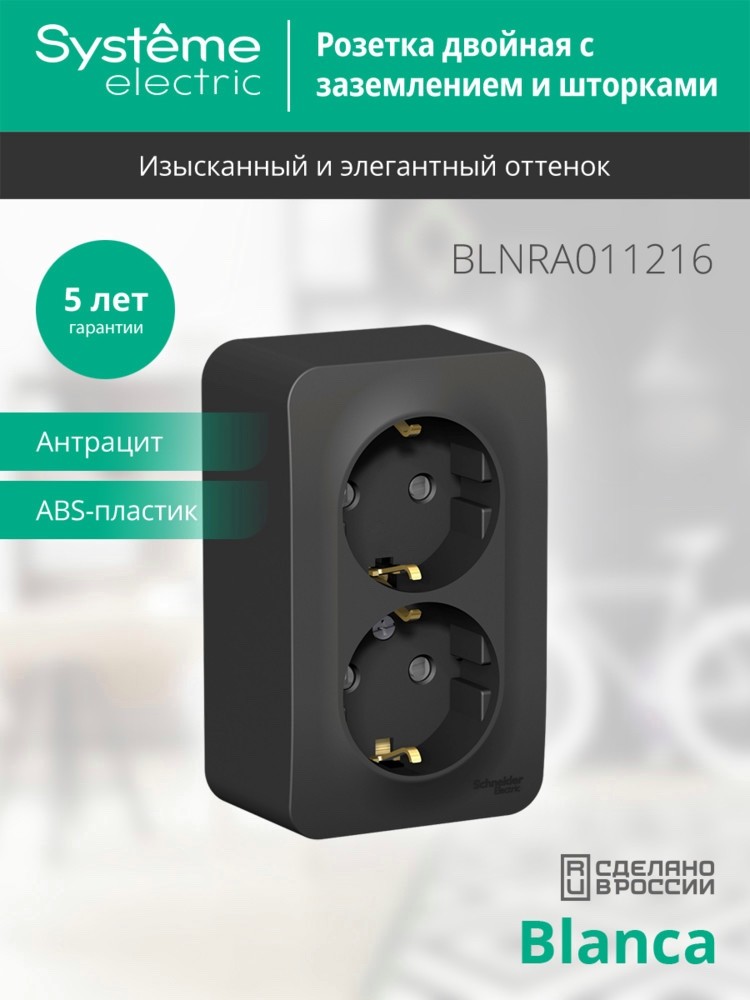 Розетка BLANCA наружная двойная, с заземлением, со шторками, с изолирующей пластиной, 16А, 250В, антрацит Systeme Electric BLNRA011216