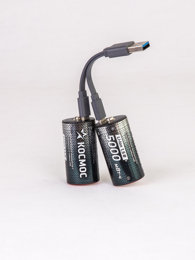 Аккумулятор 18650 Li-ion перезаряжаемый С R14 3300 мАч зарядка от USB Type-C с кабелем для быстрой зарядки блистер 2 штуки Космос KOCR14Li5000mWh2B