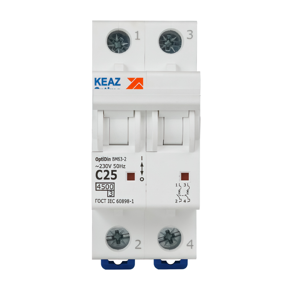 Выключатель автоматический двухполюсный 25А C 4,5кА AC OptiDin BM63-2C25-4,5-УХЛ3 КЭАЗ 326805