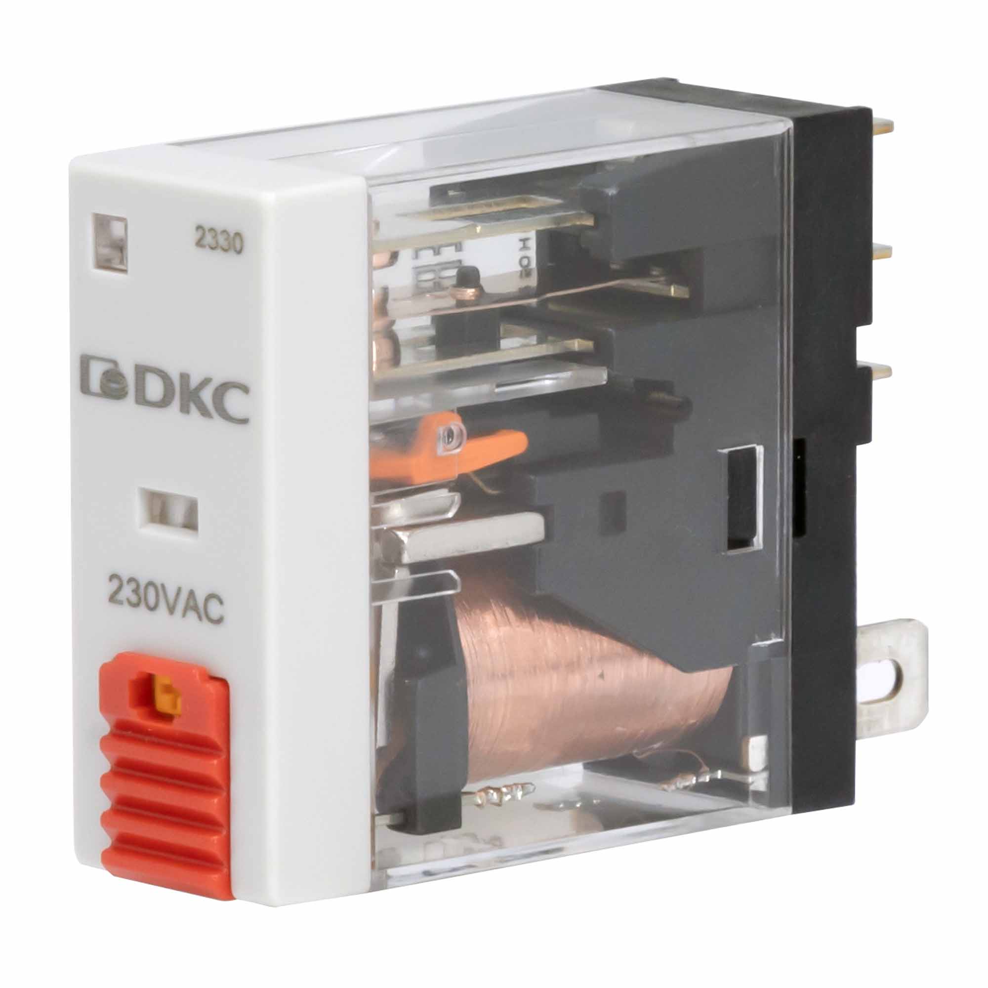 Реле миниатюрное промышленное, 1CO, ком. ток 12А, AgSnO2, напряжение 230V AC, опция: тест-кнопка+светодиод DKC IR-230AC-1CO-D