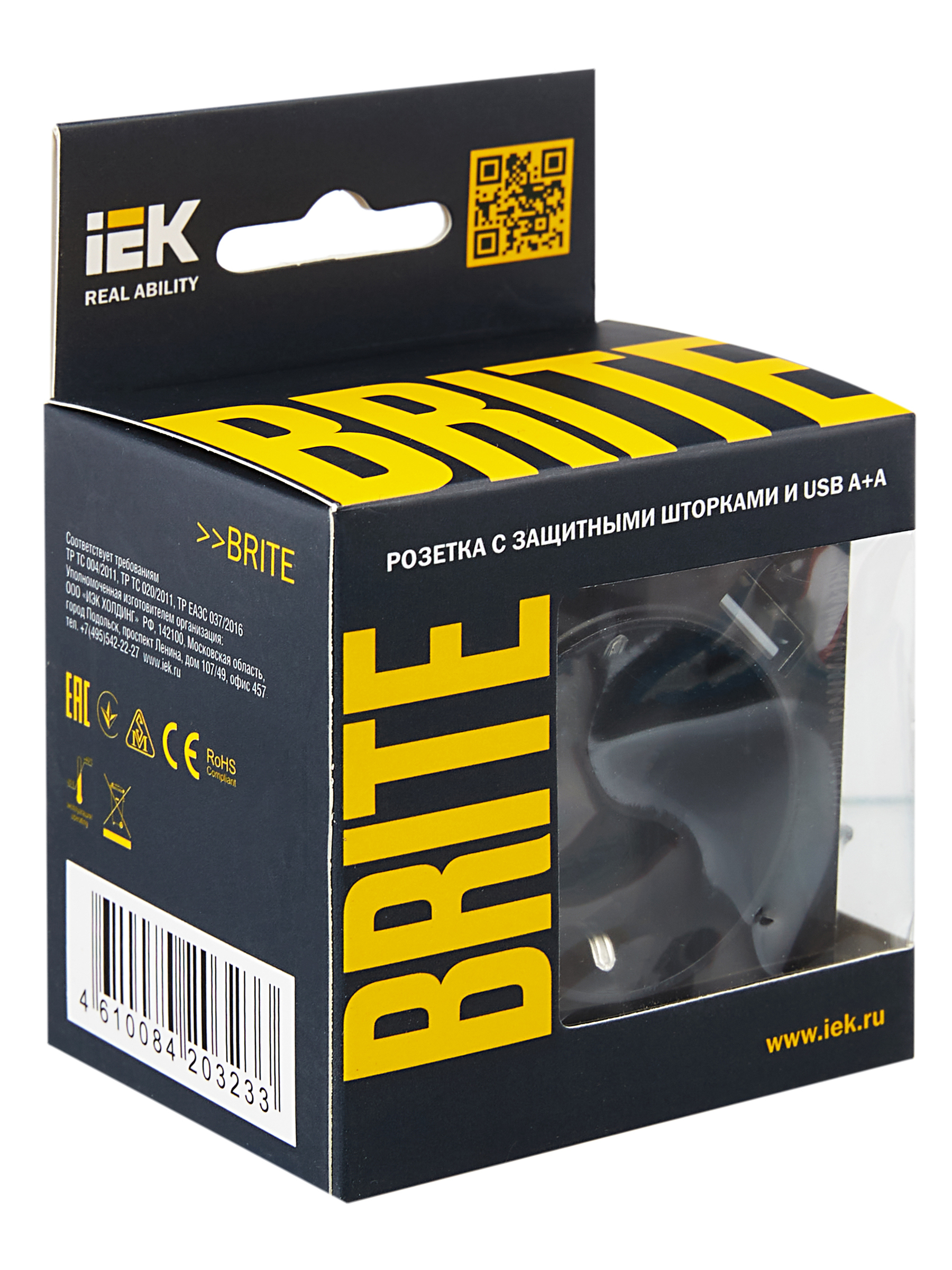 BRITE Розетка с заземлением с защитными шторками 16А с USB A+A 2,1А РЮш10-1-БрЧ черный IEK BR-R14-16-U21-D21-K02