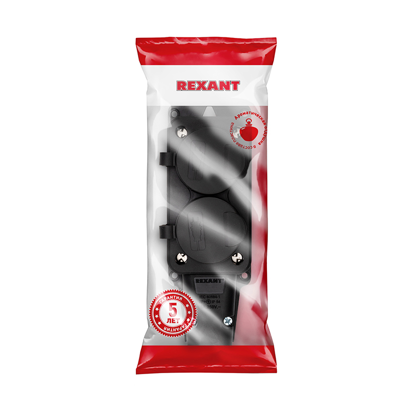 Розетка (колодка) каучук двойная 16А, IP54 с заземлением черная REXANT 111-112