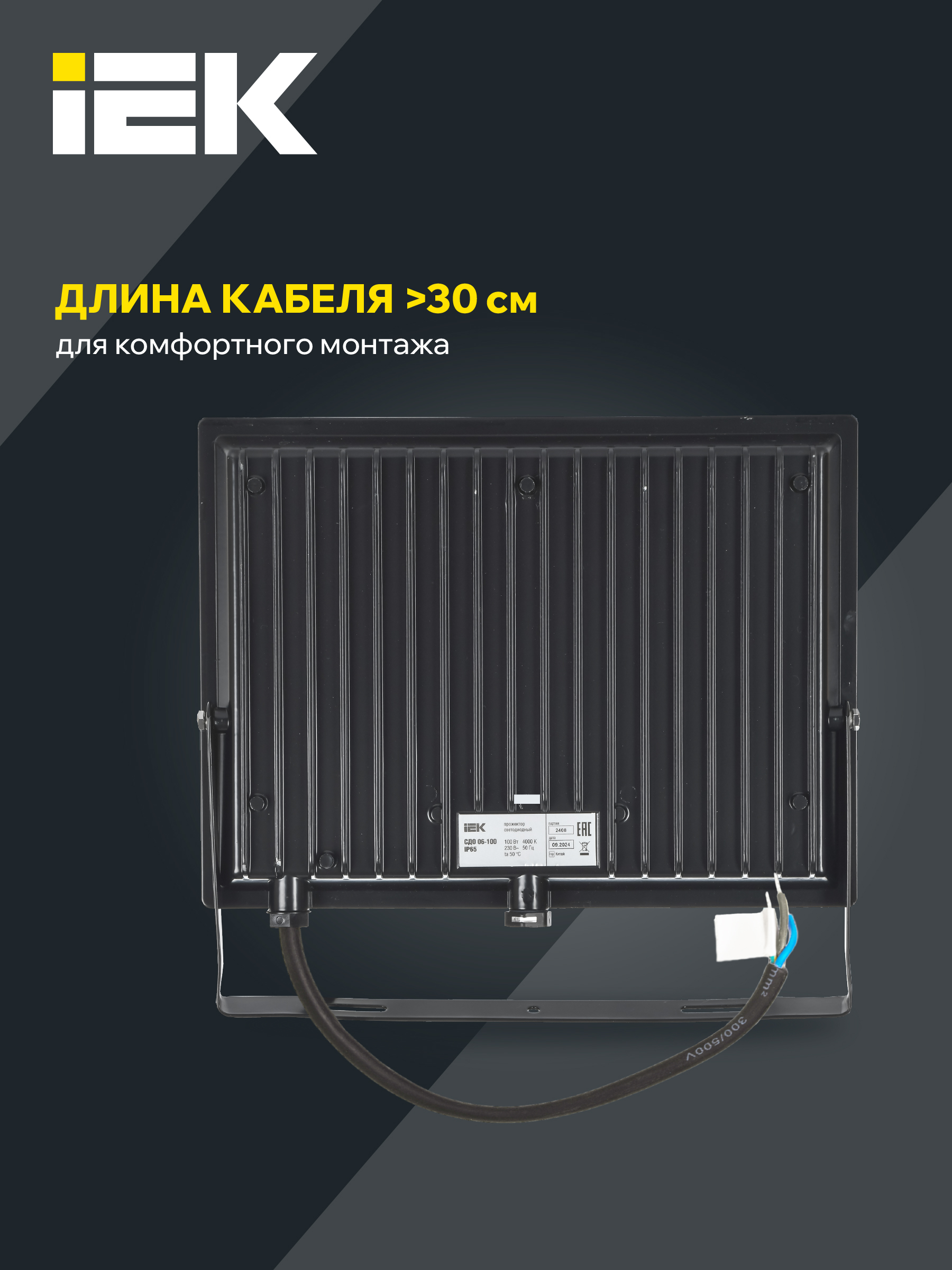 Прожектор СДО 06-100 светодиодный черный IP65 6500K IEK LPDO601-100-65-K02
