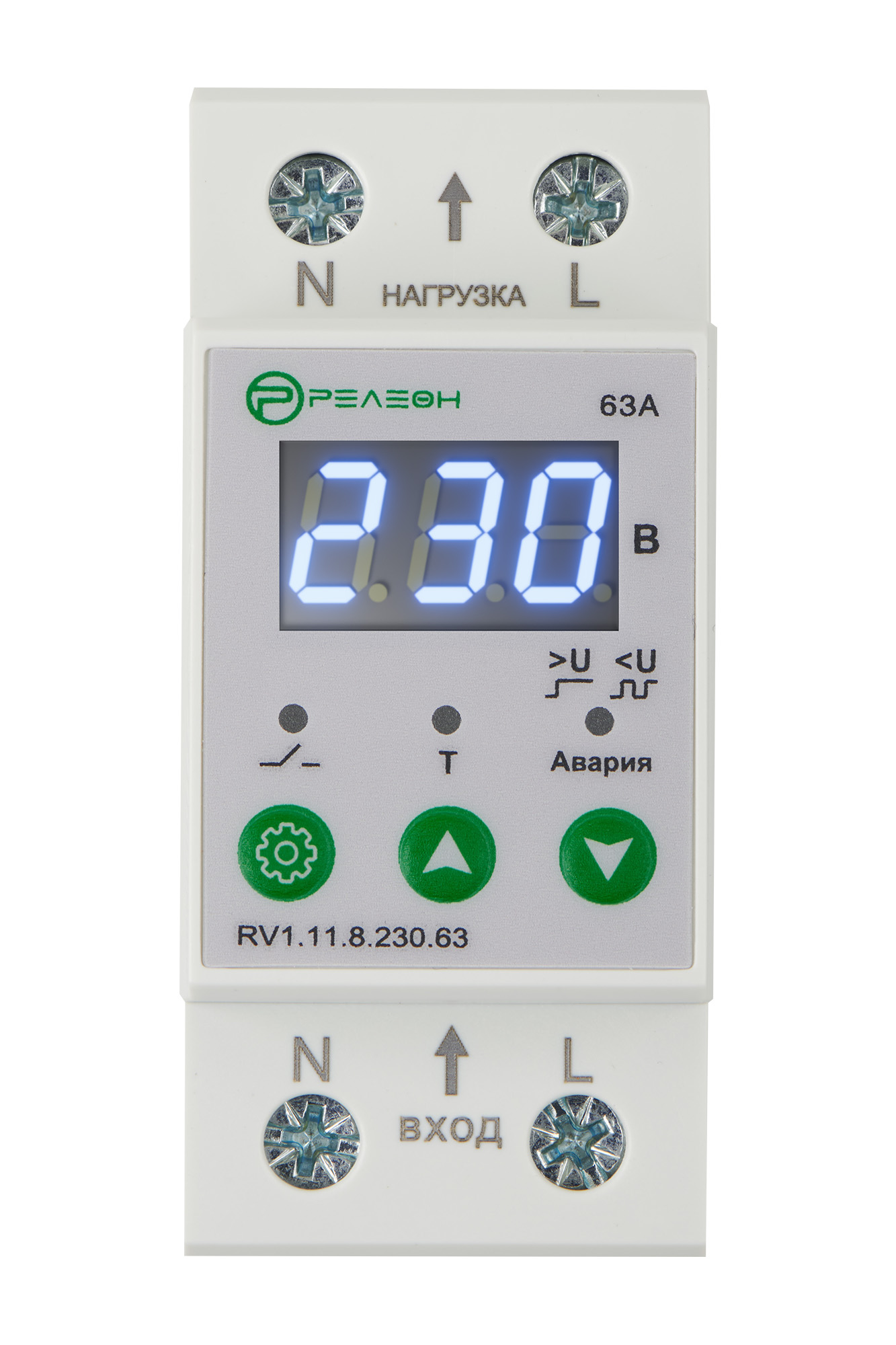 Реле контроля напряжения 1L (230В AC) 63А Релеон RV111823063