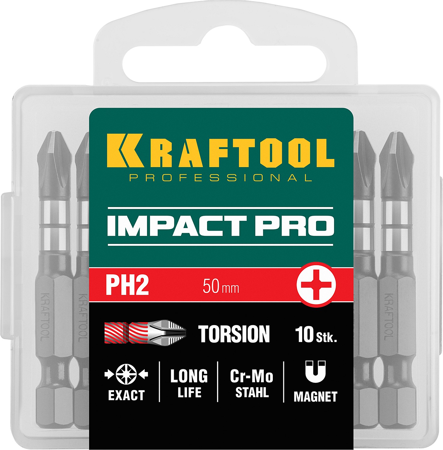 Биты Impact Pro, Philips, тип хвостовика E 1/4'', PH2, 50мм, 10шт, в пластиковом боксе KRAFTOOL 26191-2-50-S10