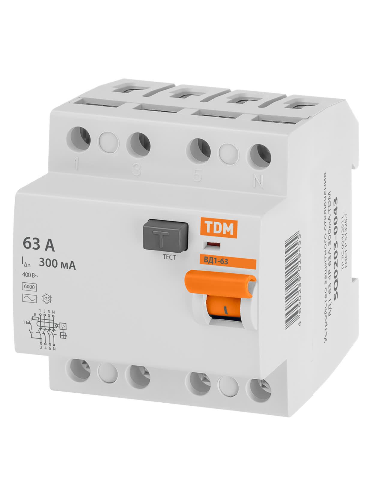 Устройство защитного отключения ВД1-63 четырехполюсное 63А 300мА TDM ELECTRIC SQ0203-0043