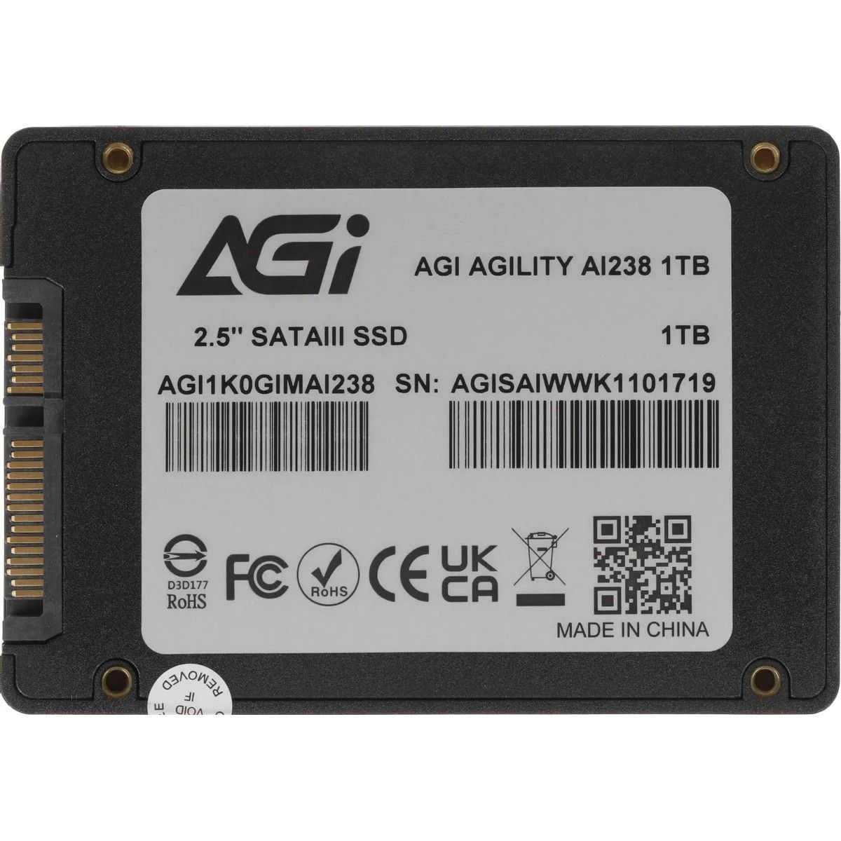 Накопитель SSD 2.5'', 1 ТБ, AI238, SATA III, QLC, 550/510 МБ/с, TBW 500 AGI AGI1K0GIMAI238-CB 210636