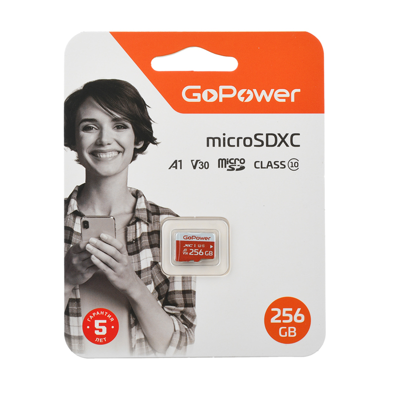 Карта памяти 256GB MicroSD, UHS I, SDXC, V30, U3, 100 МБ/с, Class 10 GoPower 00-00025684 1000717460