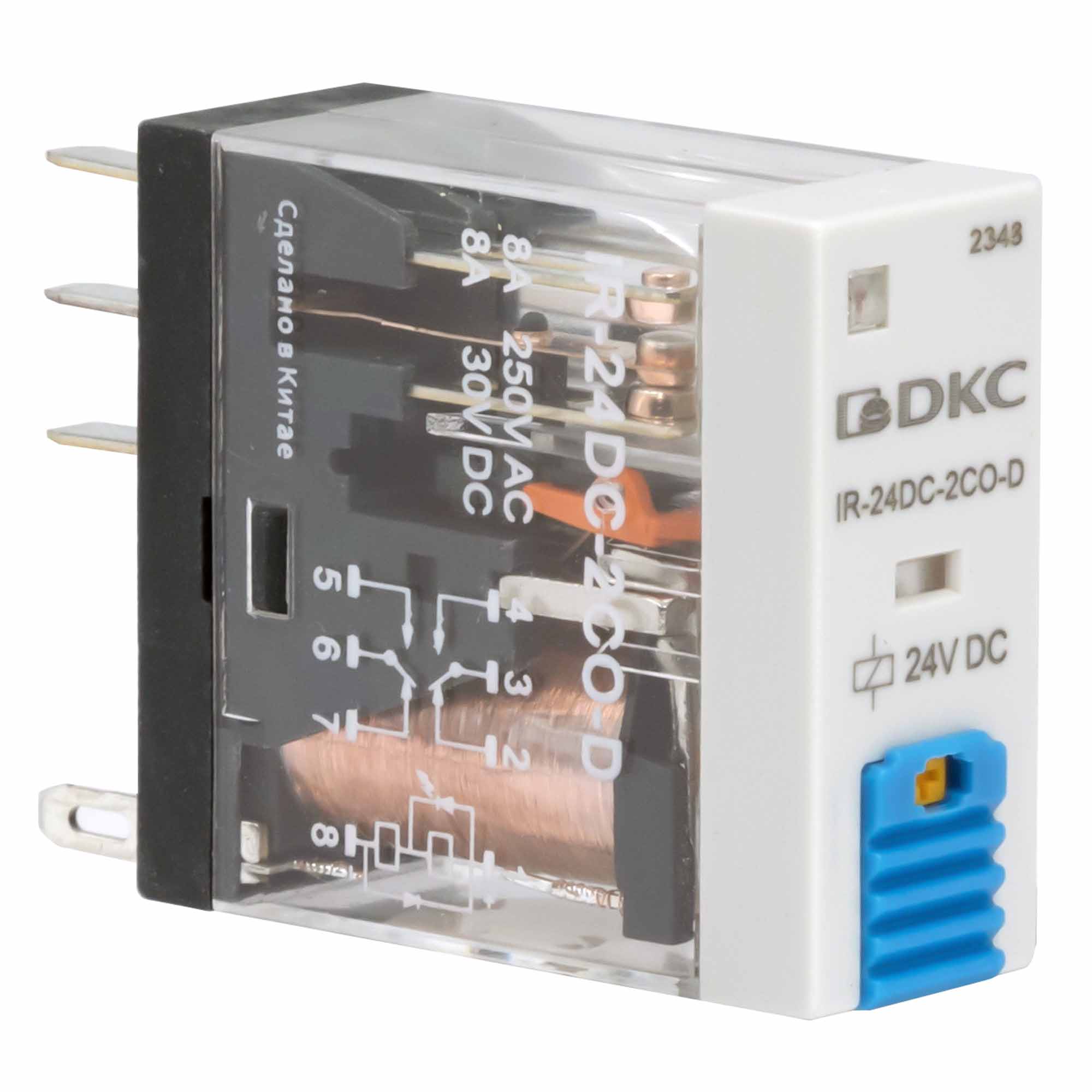 Реле миниатюрное промышленное, 2CO, коммутируемый ток 8 А, AgSnO, напряжение 24V DC, опция – тест-кнопка+светодиод+защитный диод DKC IR-24DC-2CO-D