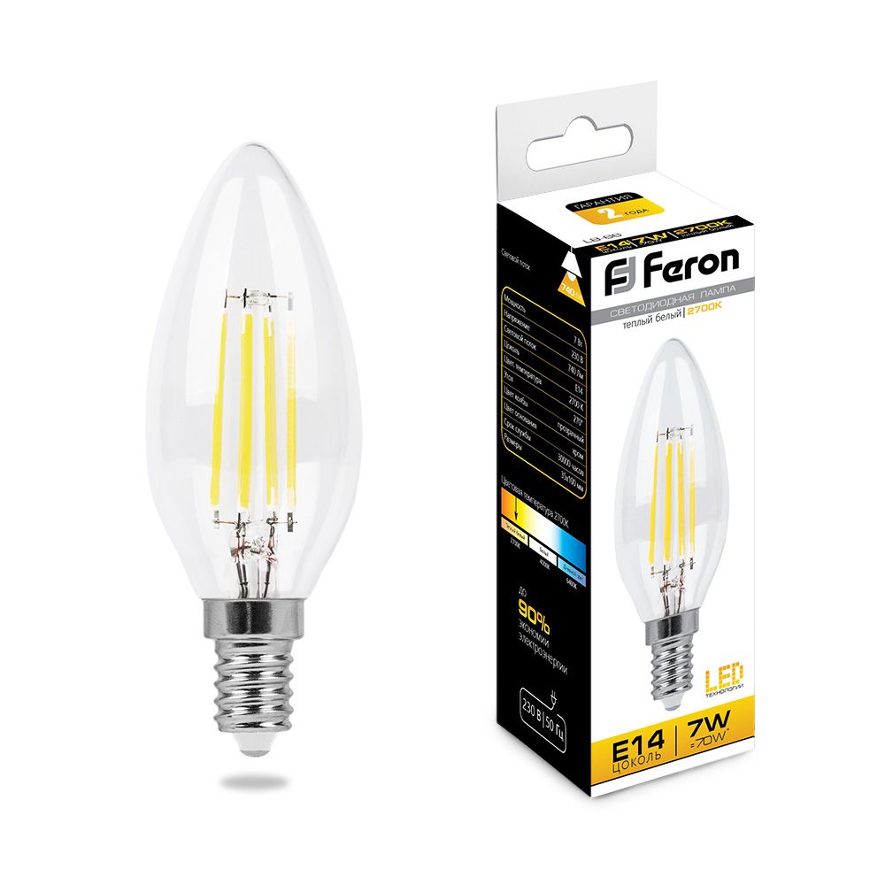Лампа светодиодная LED 7вт Е14 теплый свеча FILAMENT FERON LB-66 25726