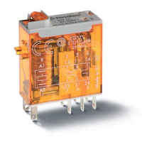 Реле электромеханическое промышленное миниатюрное, монтаж в розетку или наконечники Faston (2.5х0.5мм), 2СO 8A, контакты AgNi, катушка 24В DC, влагозащита RTII, опции: кнопка тест + мех.индикатор FINDER 46.52.9.024.0040 465290240040