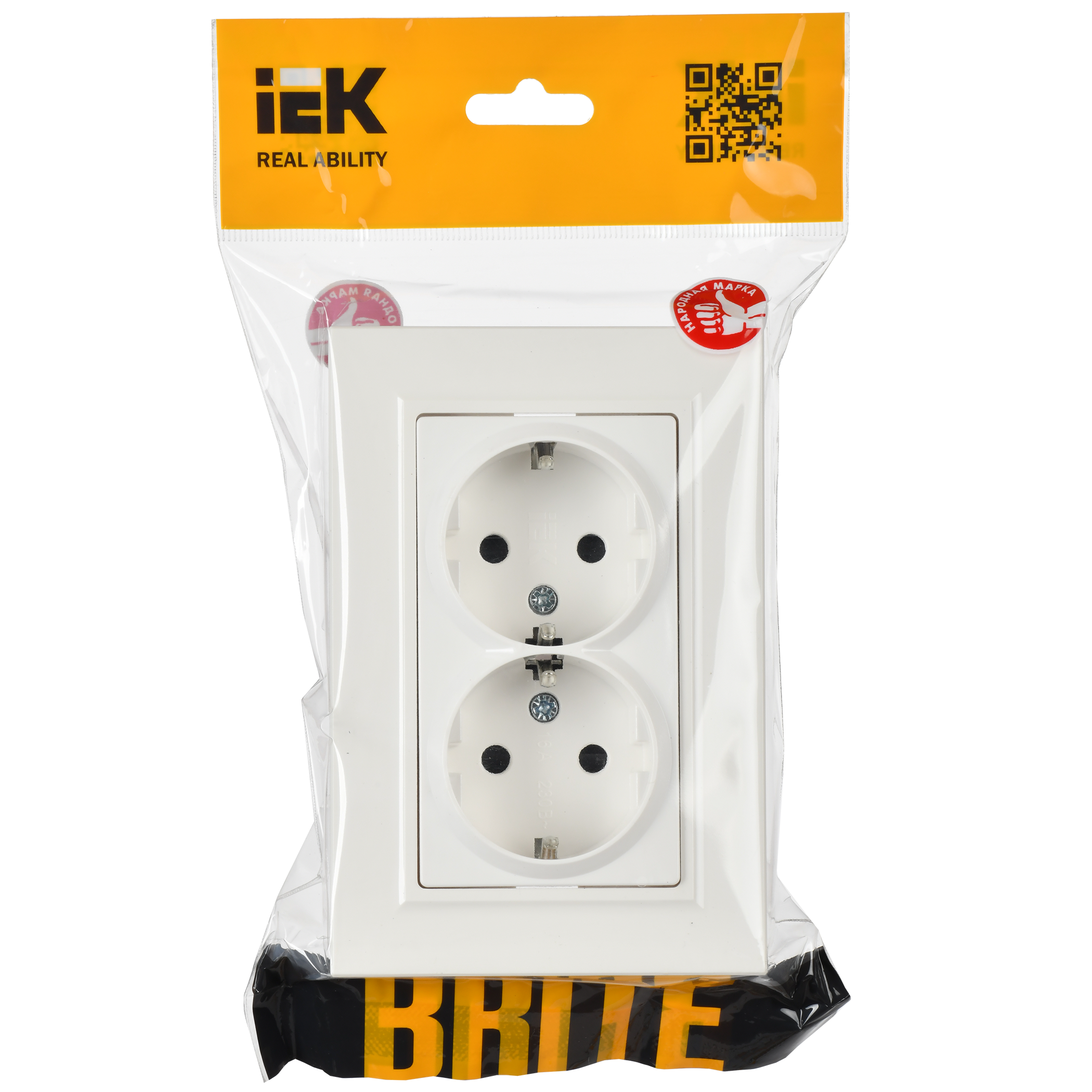 BRITE Розетка двойная с заземлением с защитными шторками 16А в сборе РСш12-3-БрБ белый IEK BR-R24-16-K01-F