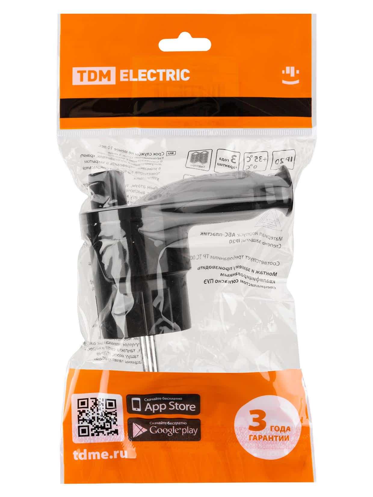 Вилка угловая c/з черная с кнопкой извлечения из сети 16А 250В TDM TDM ELECTRIC SQ1806-0399