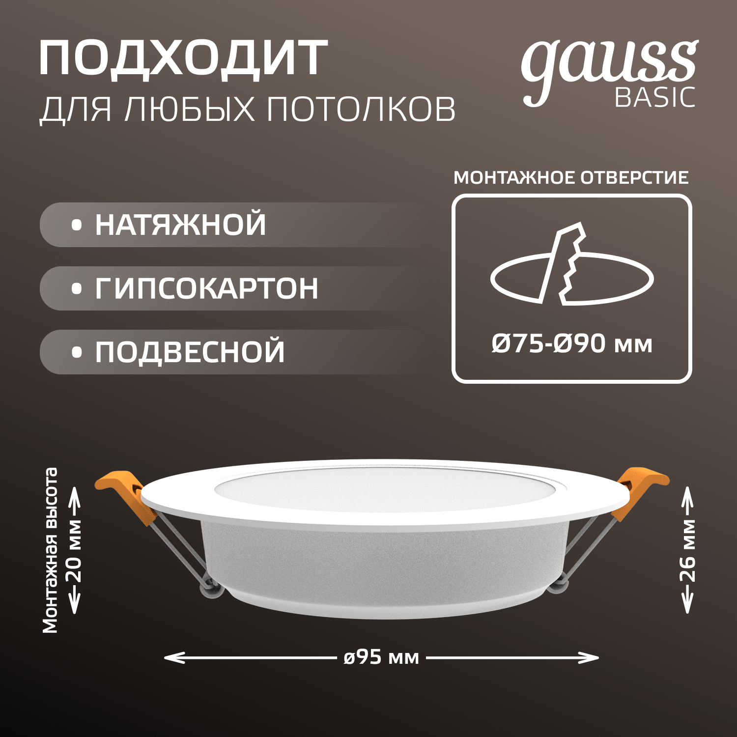 Светильник светодиодный ДВО 4.5 Вт 300 лм 4000К AC 220В IP20 круг D95х26мм монт d75мм Пластик Basic GAUSS 9029420205