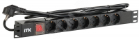 Блок распределения питания PDU 7 розеток DIN49440 с LED выключателем 1U шнур 2м вилка профиль из ПВХ черный (нем.станд) ITK PH12-7D1-P
