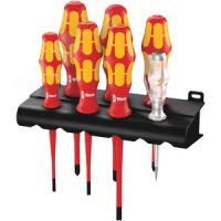 Набор диэлектрических отверток с зауженным рабочим концом Kraftform Plus Серия 100 + индикатор напряжения + подставка 7 предметов. 160 iS/7 Rack VDE Wera WE-006480