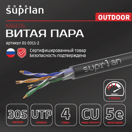 Витая пара Premium UTP 5e 4x2x0,51 Cu PE Out. 305м SUPRLAN 01-0311-2