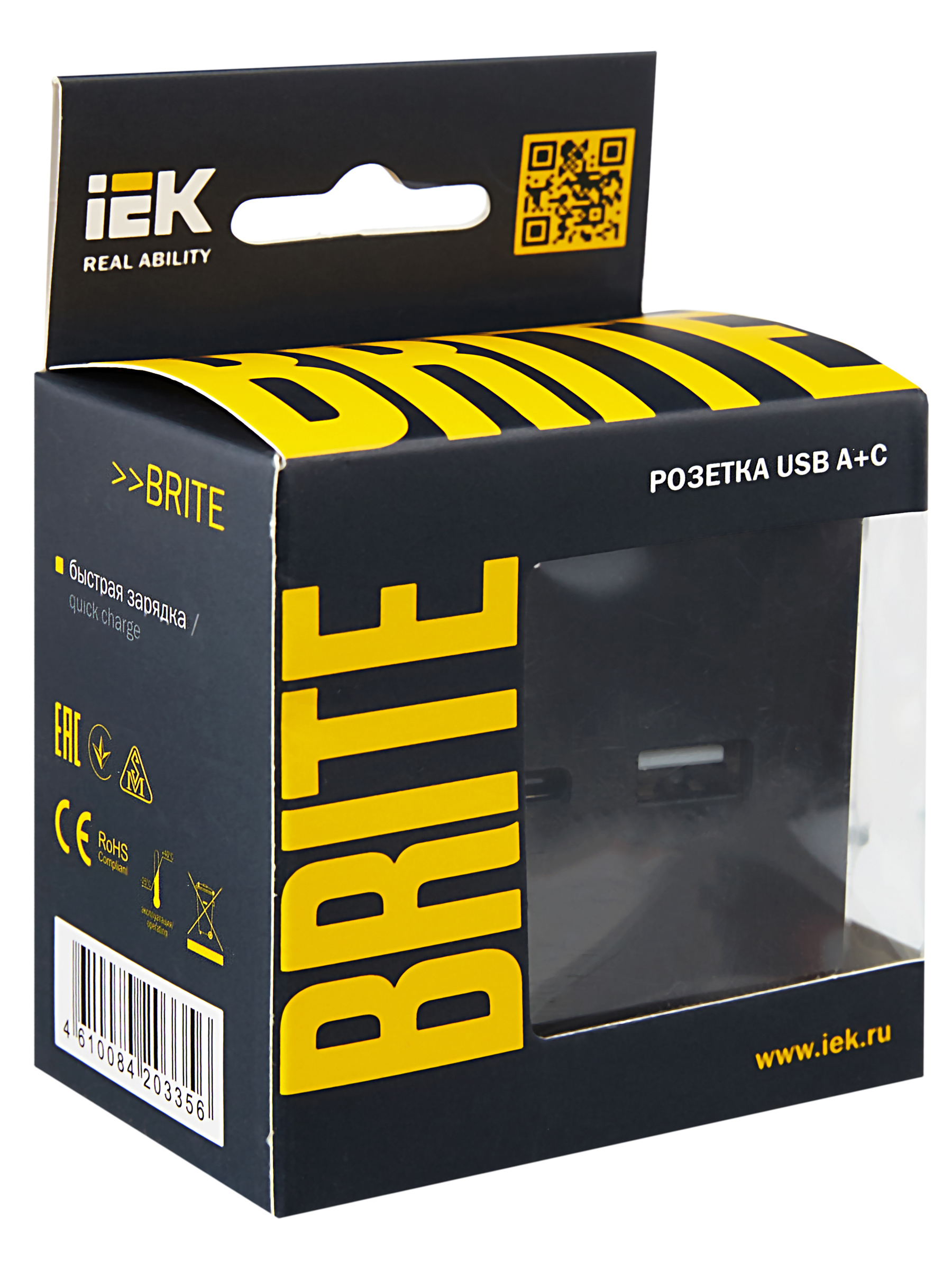 BRITE Розетка USB A+C 18Вт РЮ11-1-БрЧ черный IEK BR-U22-018-K02