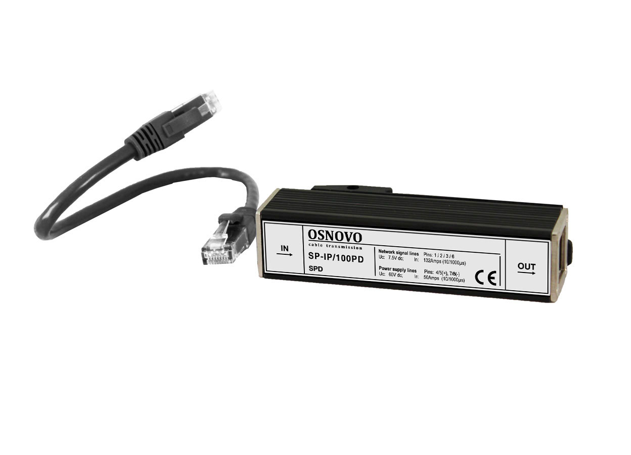 Устройство грозозащиты с защитой линий PoE до 100 Мб/с RJ45 OSNOVO SP-IP/100PD 00011336