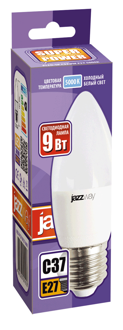 Лампа светодиодная LED 9Вт Е27 5000K матовая свеча JazzWay 5001954A