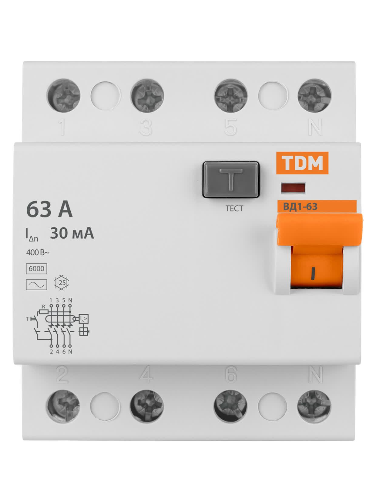 Устройство защитного отключения ВД1-63 четырехполюсное 63А 30мА TDM ELECTRIC SQ0203-0044