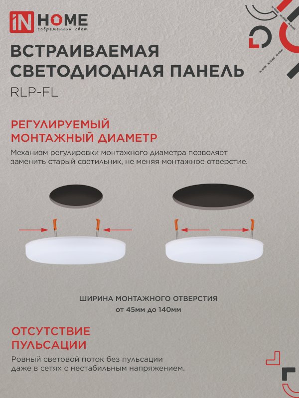 Панель светодиодная встраиваемая безрамочная RLP-FL 24Вт 230В 6500К 2160Лм 170мм с регулируемым монтажом 45-140мм белая IP20 IN HOME 4690612036748
