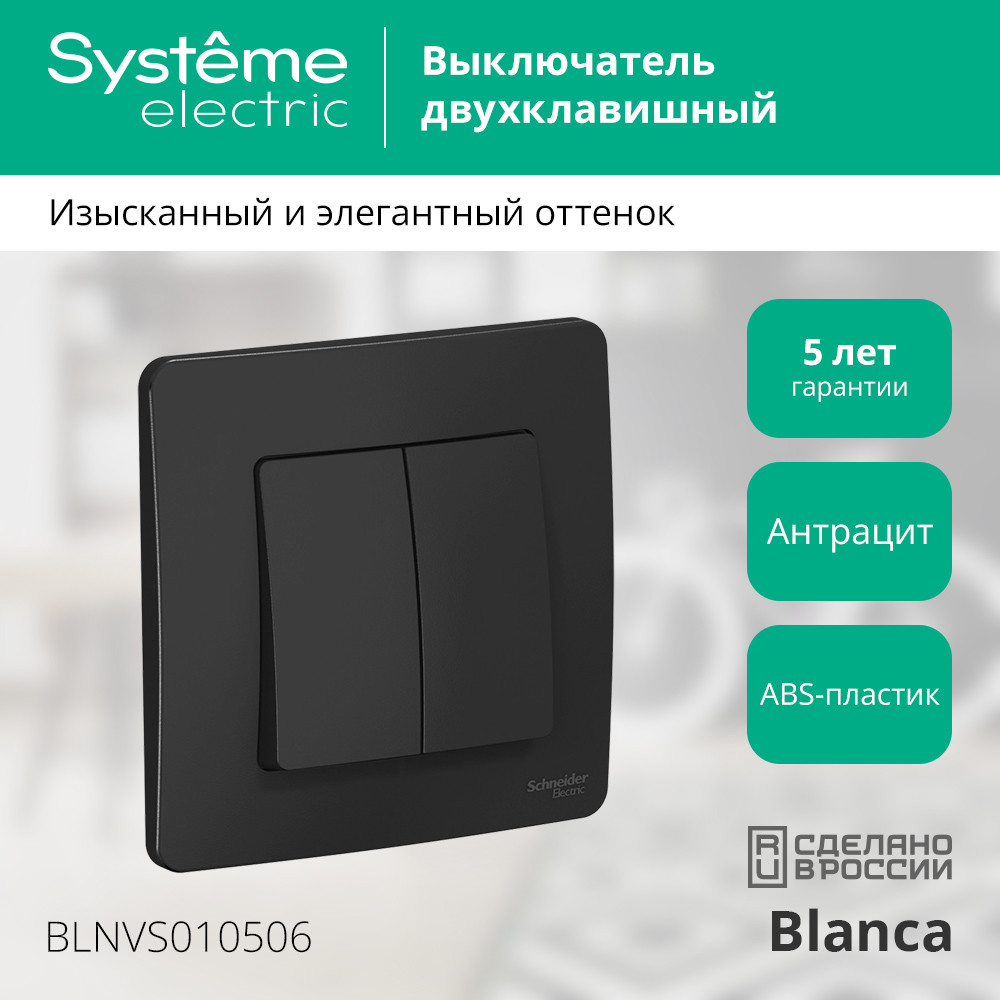 BLANCA скрытой установки двухклавишный выключатель (cх.5), 10A, 250B, антрацит Systeme Electric BLNVS010506