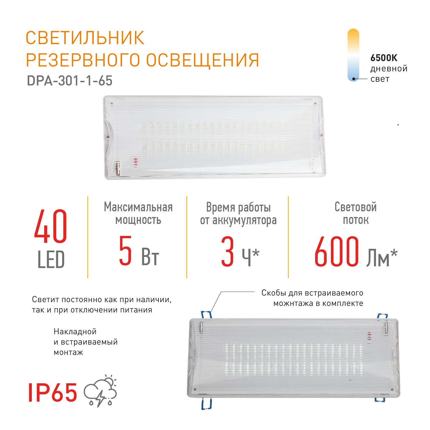 Аварийный светильник DPA-301-1-65 постоянный 40LED 3ч IP65 NiCD ЭРА Б0051843